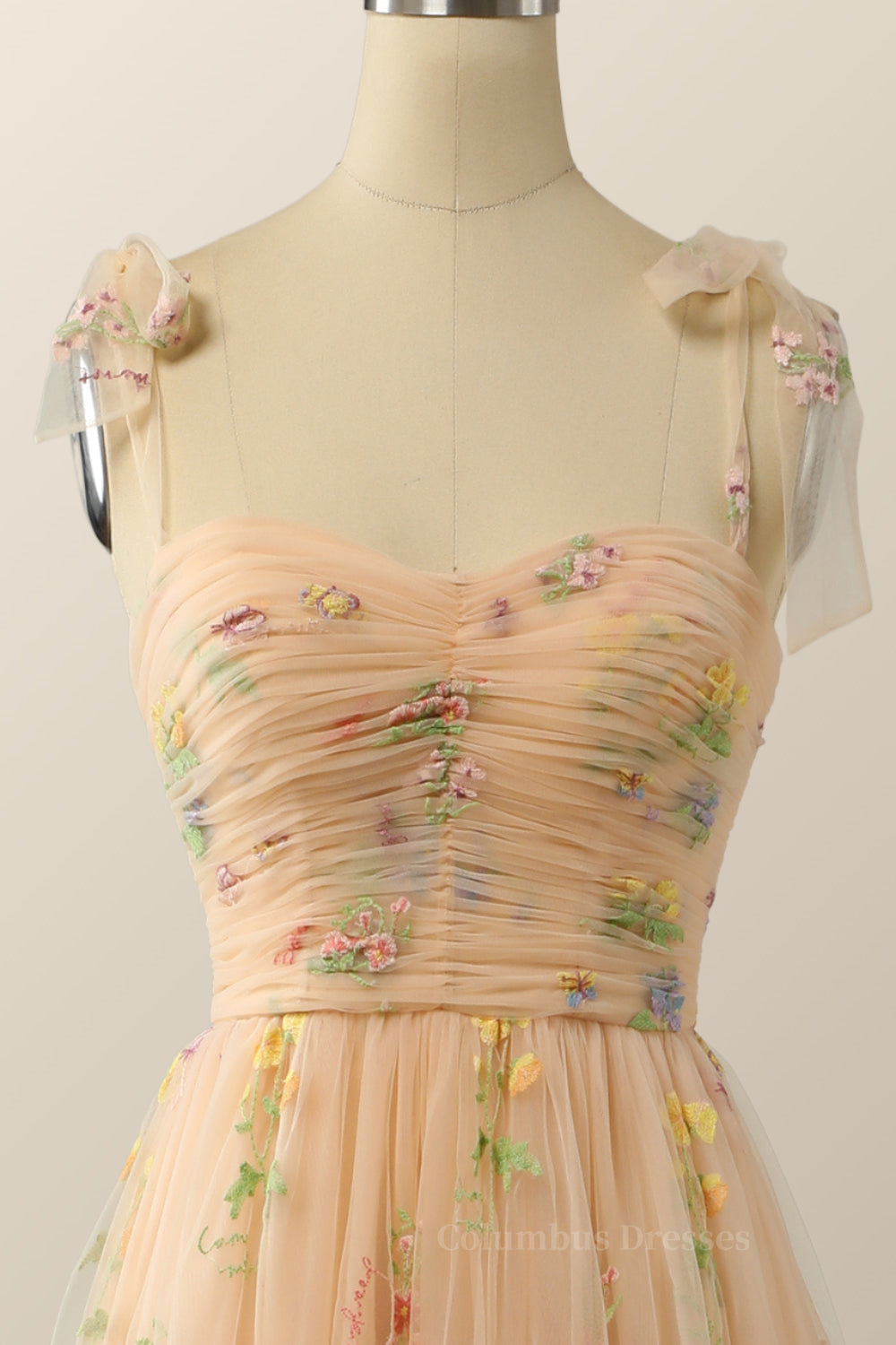 Prom Dresses Sites, Champagne A-line Embroidered Long Formal Gown