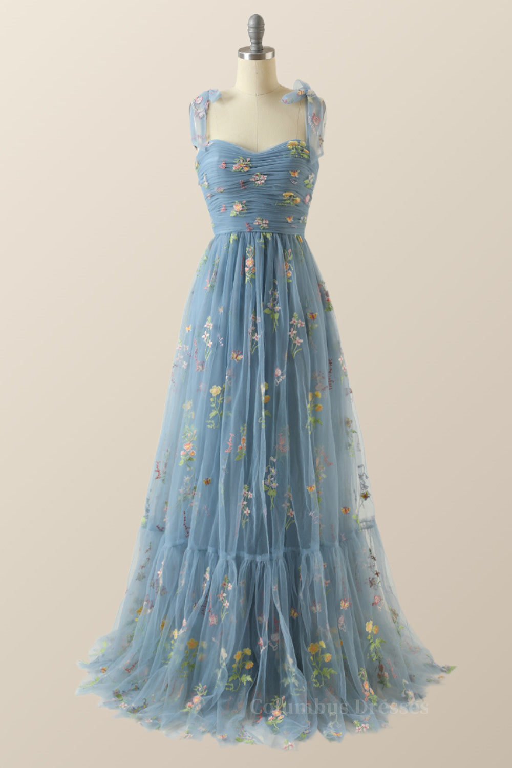 Prom Dress Vintage, Champagne A-line Embroidered Long Formal Gown