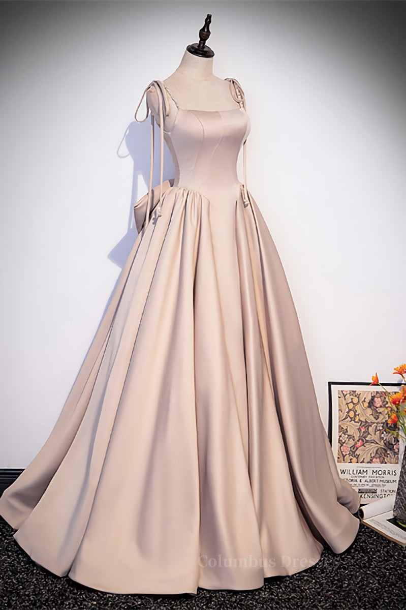 Champagne Beaded Bow Tie Straps Long Formal Dress with Bow Back Secondary image