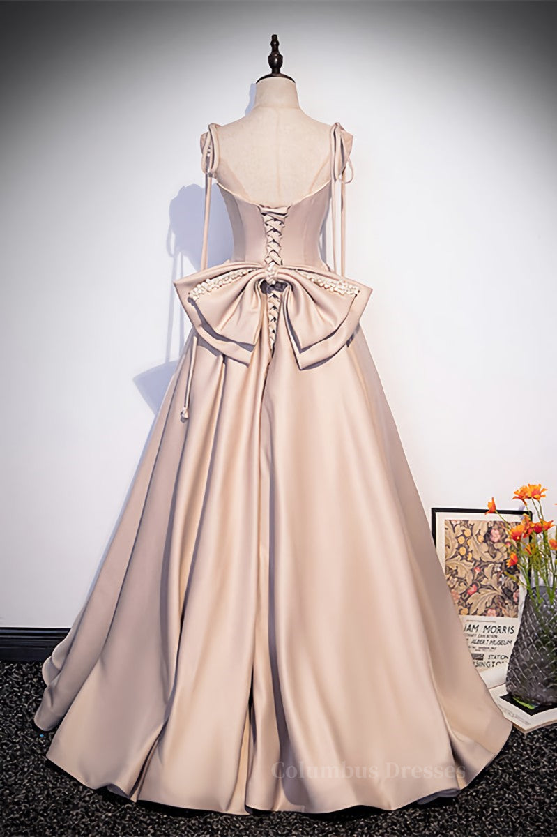 Prom Inspo, Champagne Beaded Bow Tie Straps Long Formal Dress with Bow Back Main image