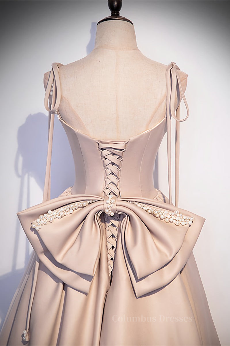 Royal Dress, Champagne Beaded Bow Tie Straps Long Formal Dress with Bow Back