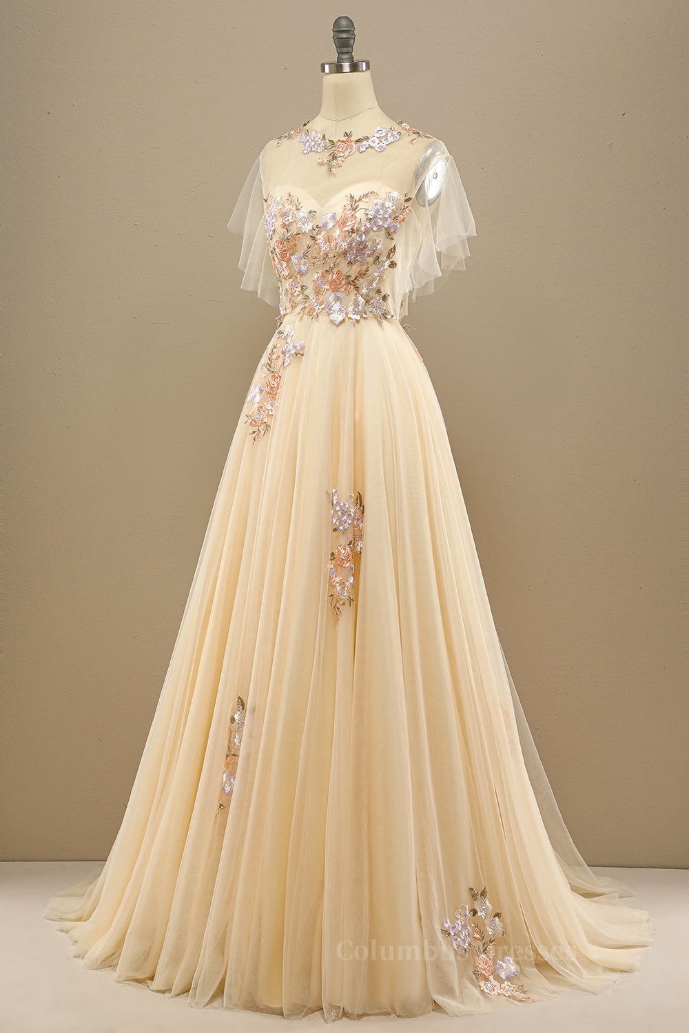 Prom Dresses Long Formal Evening Gown, Champagne Floral Embroidery A-line Long Formal Dress