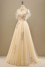 Prom Dresses Long Formal Evening Gown, Champagne Floral Embroidery A-line Long Formal Dress
