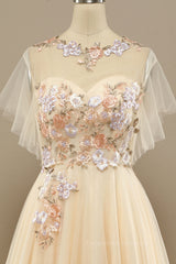 Prom Dresses Country, Champagne Floral Embroidery A-line Long Formal Dress