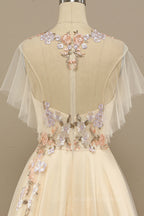 Prom Dress With Tulle, Champagne Floral Embroidery A-line Long Formal Dress