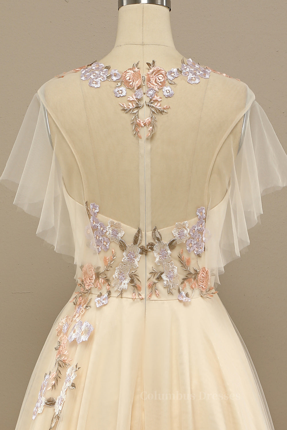 Prom Dress With Tulle, Champagne Floral Embroidery A-line Long Formal Dress