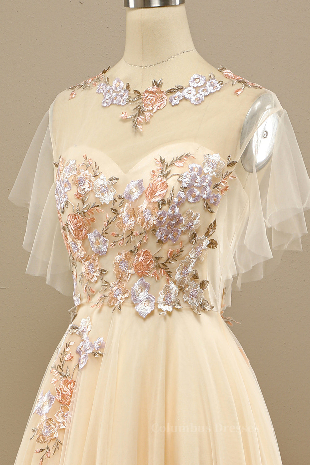 Prom Dresses Champagne, Champagne Floral Embroidery A-line Long Formal Dress