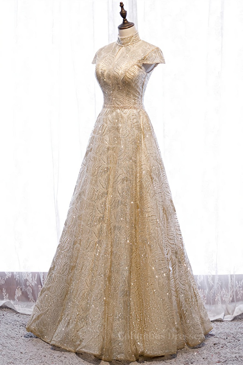 Homecoming Dresses Formal, Champagne High Neck Cap Sleeves Sparkly Cut-Out Maxi Formal Dress