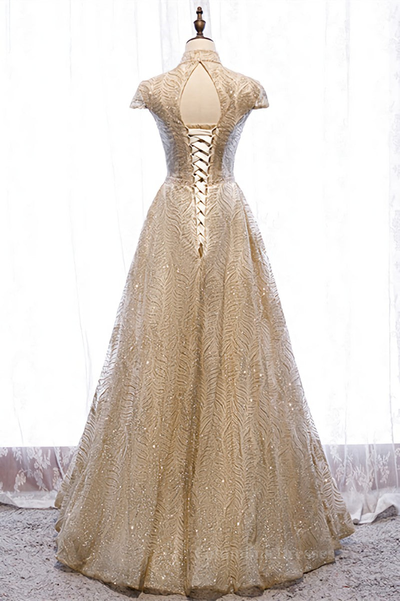 Homecoming Dress Formal, Champagne High Neck Cap Sleeves Sparkly Cut-Out Maxi Formal Dress Main image