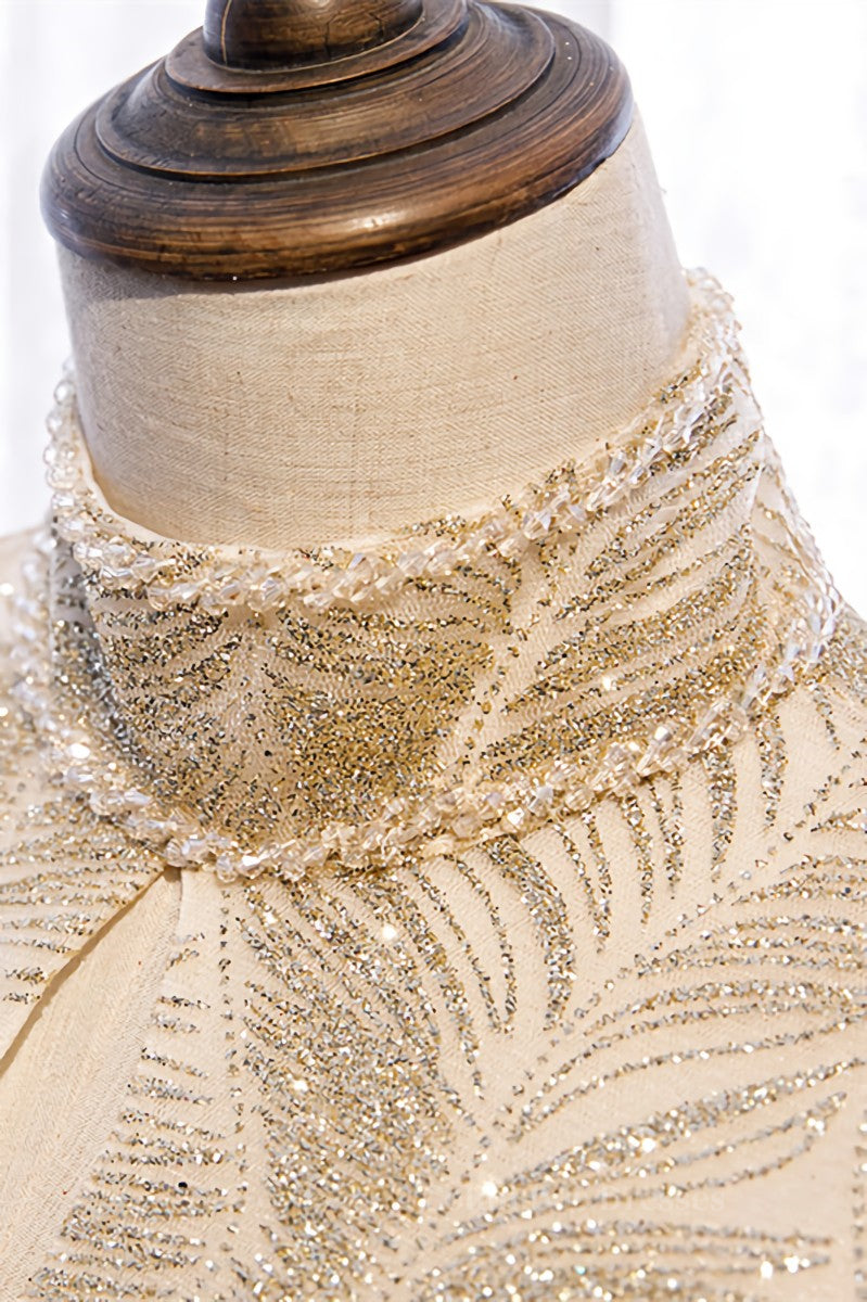 Homecoming Dresses Style, Champagne High Neck Cap Sleeves Sparkly Cut-Out Maxi Formal Dress