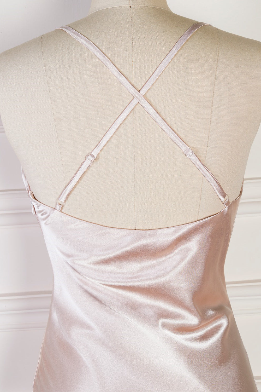 Prom Dresses Two Pieces, Champagne Mermaid Spaghetti Straps Satin Backless Long Bridesmaid Dress