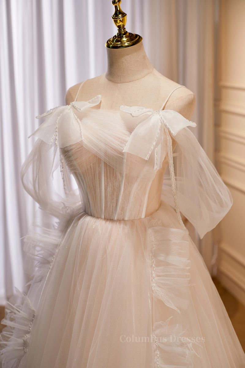 Bridesmaids Dresses On Sale, Champagne Off-the-Shoulder Beaded Bows Ruffle Long Prom Dress