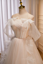 Bridesmaids Dresses On Sale, Champagne Off-the-Shoulder Beaded Bows Ruffle Long Prom Dress