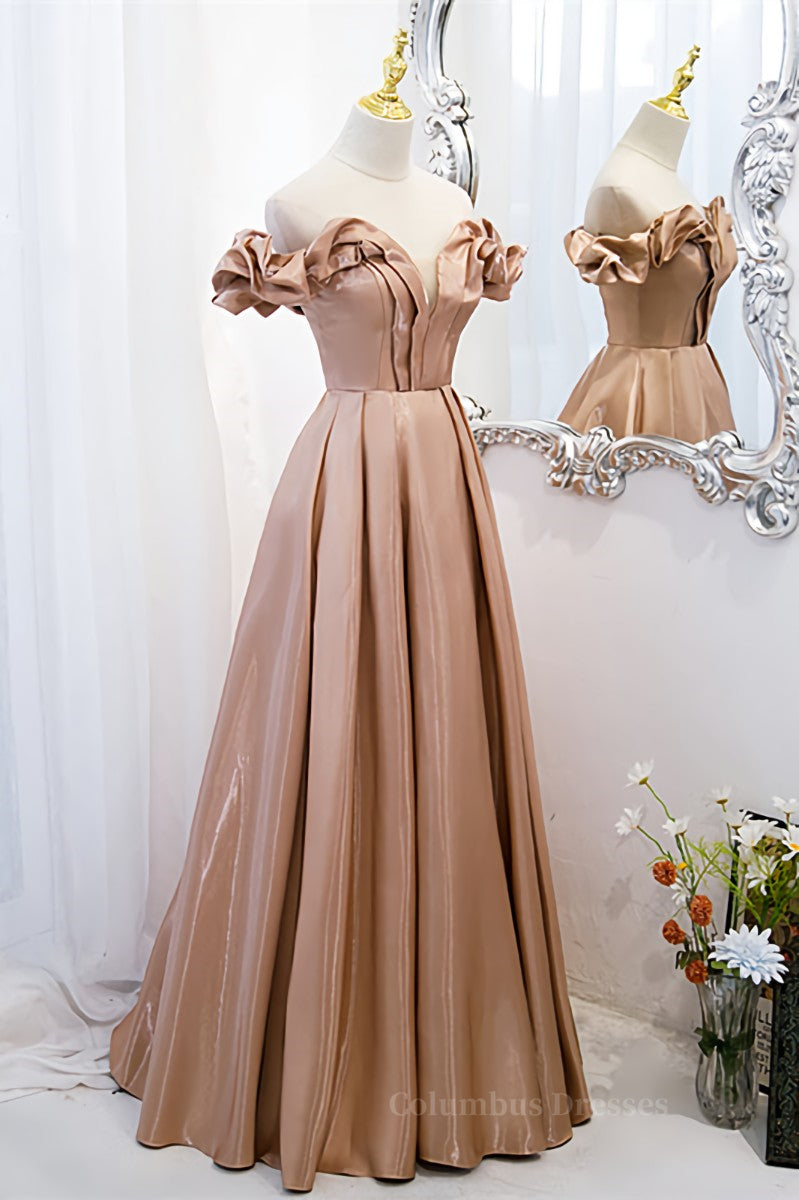 Champagne V Neck Ruffle Off-the-Shoulder Pleated Leather Long Formal Dress Secondary image