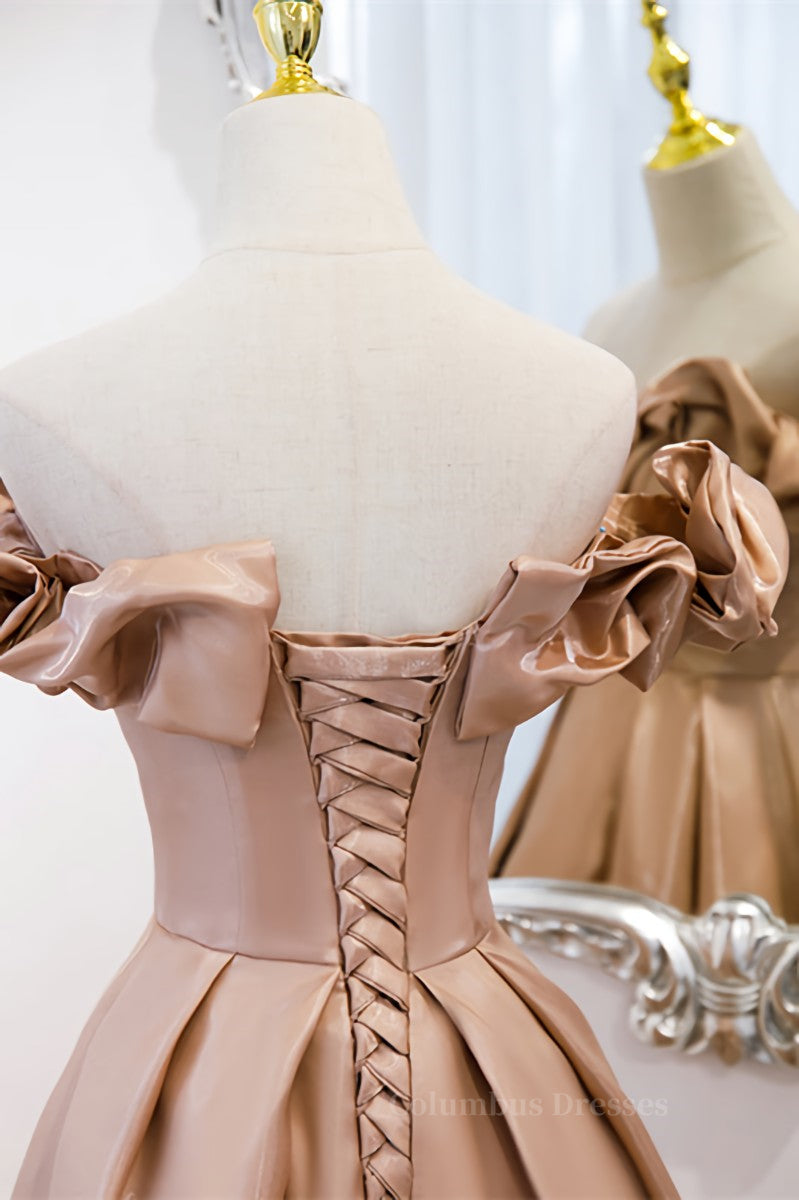 Sparklie Dress, Champagne V Neck Ruffle Off-the-Shoulder Pleated Leather Long Formal Dress