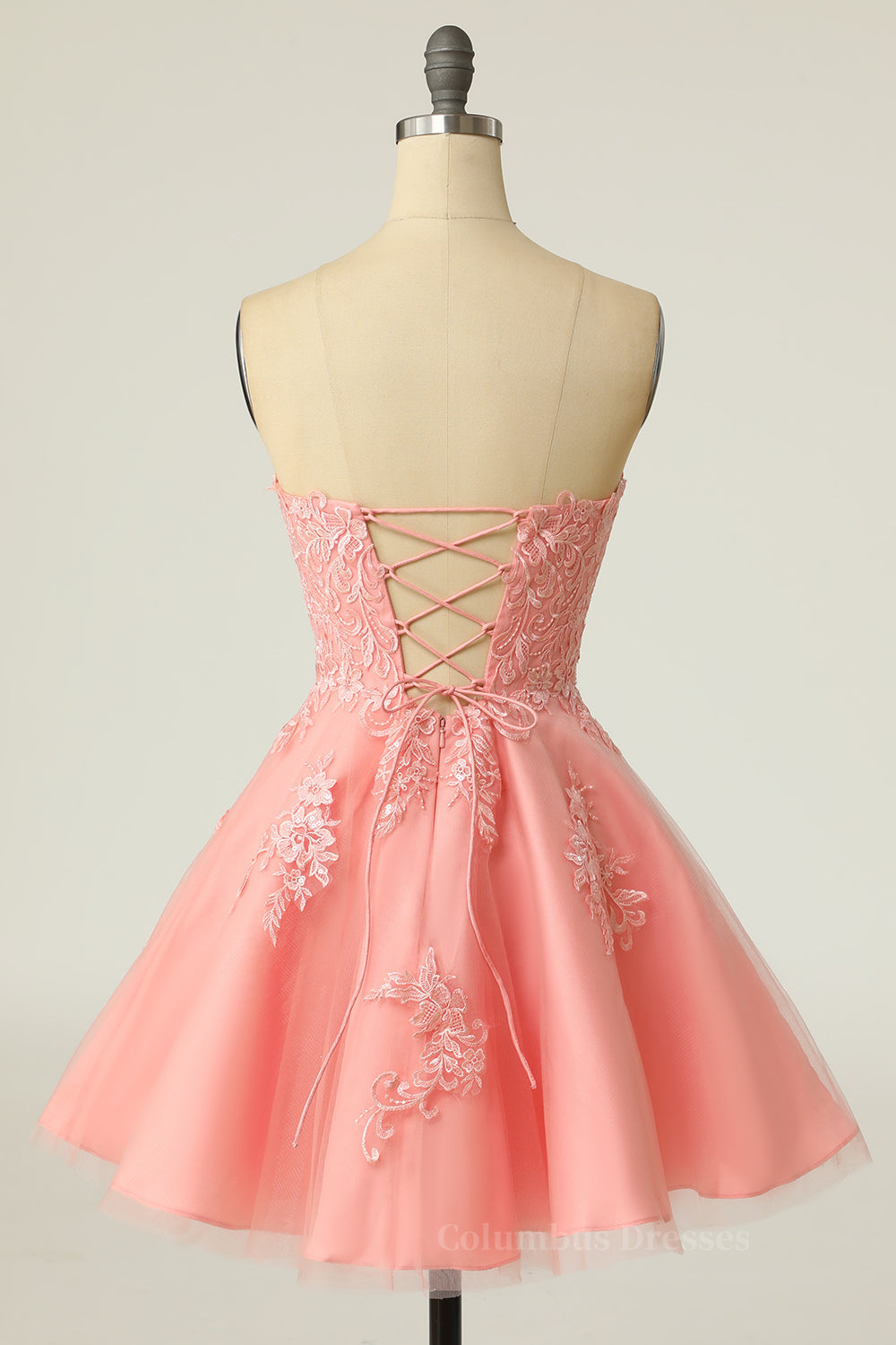Prom Dress Chiffon, Coral Strapless A-line Appliques Short Prom Dress