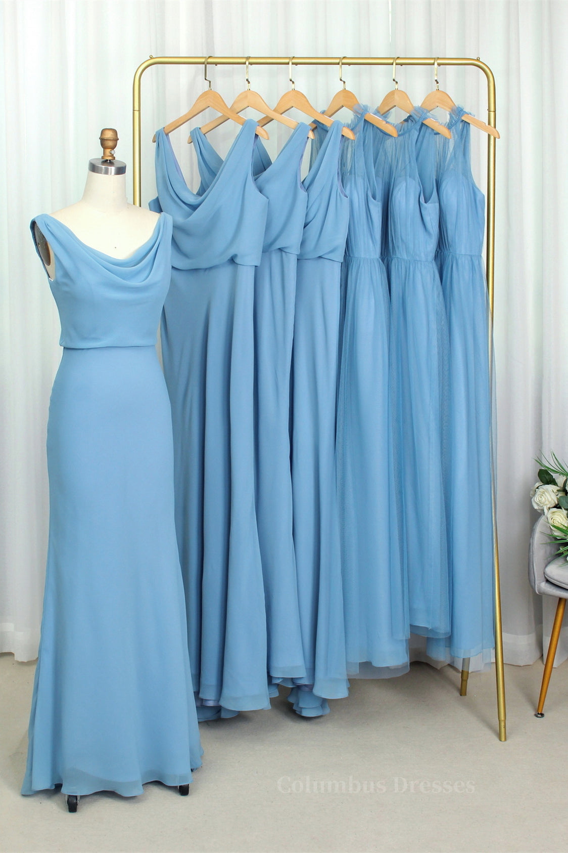 Homecoming Dresses Classy, Cowl Neck Blue Chiffon Sheath Long Bridesmaid Dress Main image