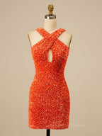 Prom Dress Ballgown, Cross Front Orange Sequin Tight Mini Dress