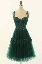 Party Dresses Sale, Dark Green A-line Bow Tie Straps Lace-Up Applique Mini Homecoming Dress