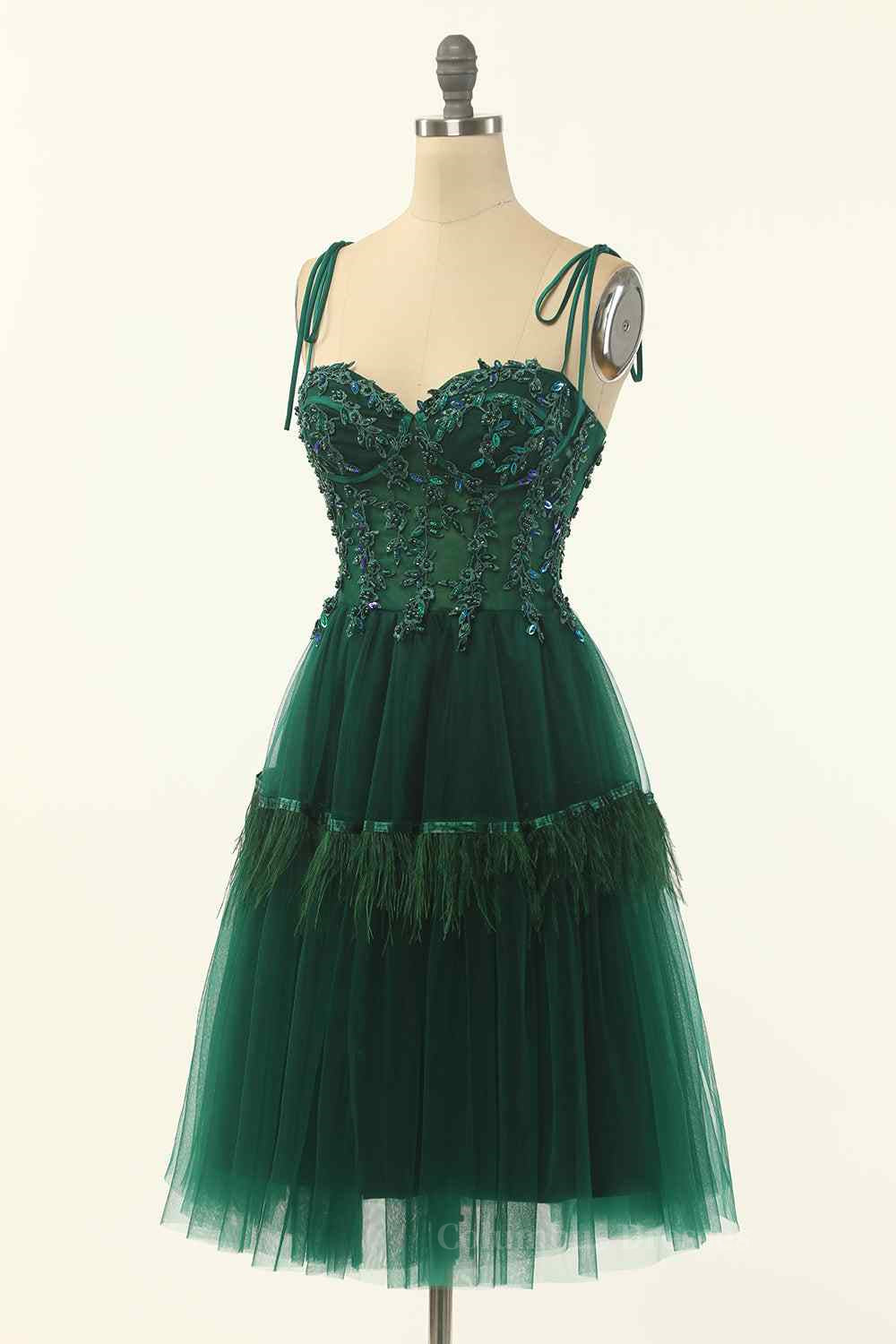 Dark Green A-line Bow Tie Straps Lace-Up Applique Mini Homecoming Dress Secondary image