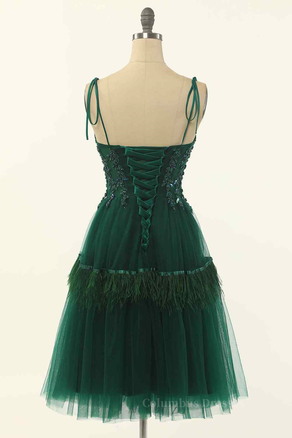 Party Dress Dress, Dark Green A-line Bow Tie Straps Lace-Up Applique Mini Homecoming Dress Main image