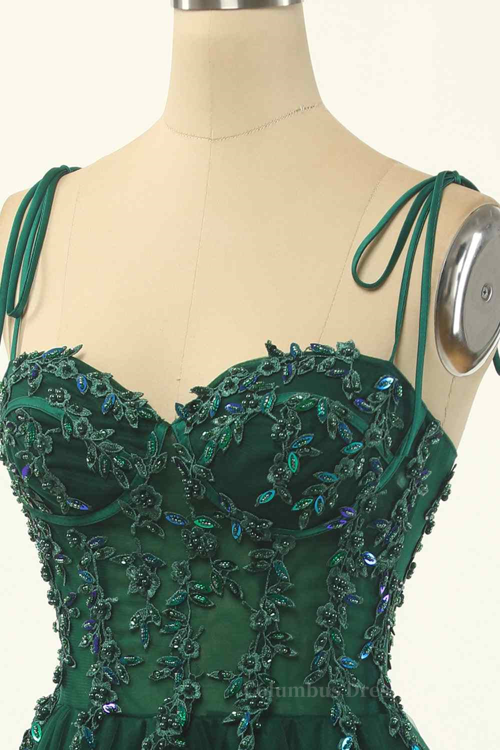 Party Dresses Style, Dark Green A-line Bow Tie Straps Lace-Up Applique Mini Homecoming Dress