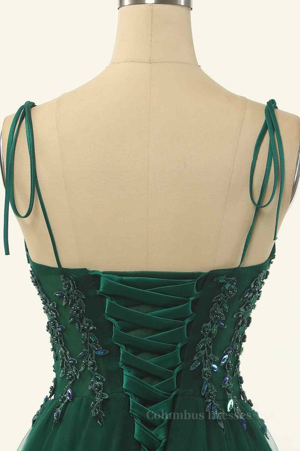 Party Dresses Styles, Dark Green A-line Bow Tie Straps Lace-Up Applique Mini Homecoming Dress
