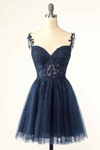 Party Dresses Teen, Dark Navy A-line Flower Straps Appliques Tulle Homecoming Dress