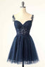 Party Dresses Teen, Dark Navy A-line Flower Straps Appliques Tulle Homecoming Dress