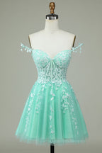Party Dress Spring, Dark Navy A-line Flower Straps Appliques Tulle Homecoming Dress