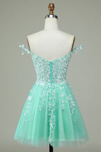 Party Dress Vintage, Dark Navy A-line Flower Straps Appliques Tulle Homecoming Dress