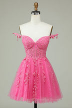 Party Dressed Short, Dark Navy A-line Flower Straps Appliques Tulle Homecoming Dress