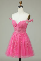 Party Dresses Classy, Dark Navy A-line Flower Straps Appliques Tulle Homecoming Dress