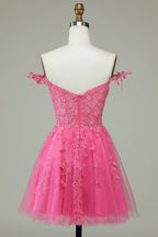 Party Dress Inspo, Dark Navy A-line Flower Straps Appliques Tulle Homecoming Dress