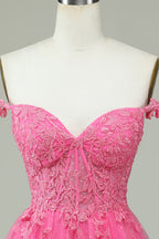 Party Dresses For 48 Year Olds, Dark Navy A-line Flower Straps Appliques Tulle Homecoming Dress
