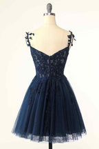 Party Dress New, Dark Navy A-line Flower Straps Appliques Tulle Homecoming Dress