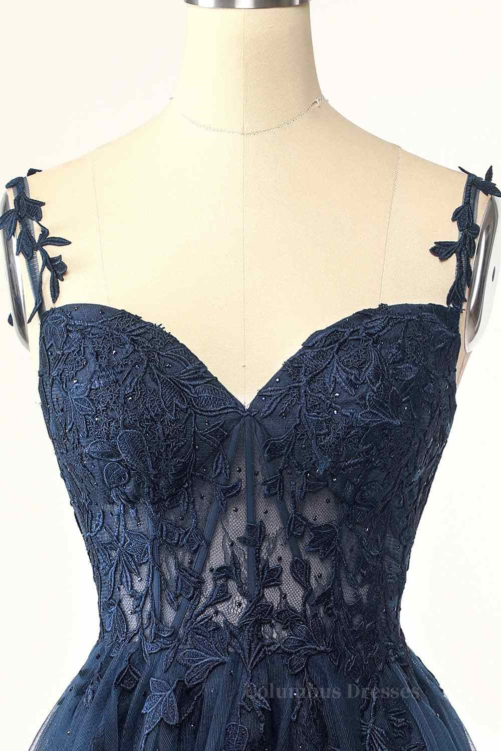 Party Dress Outfit Ideas, Dark Navy A-line Flower Straps Appliques Tulle Homecoming Dress
