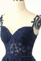Party Dresses Outfits Ideas, Dark Navy A-line Flower Straps Appliques Tulle Homecoming Dress