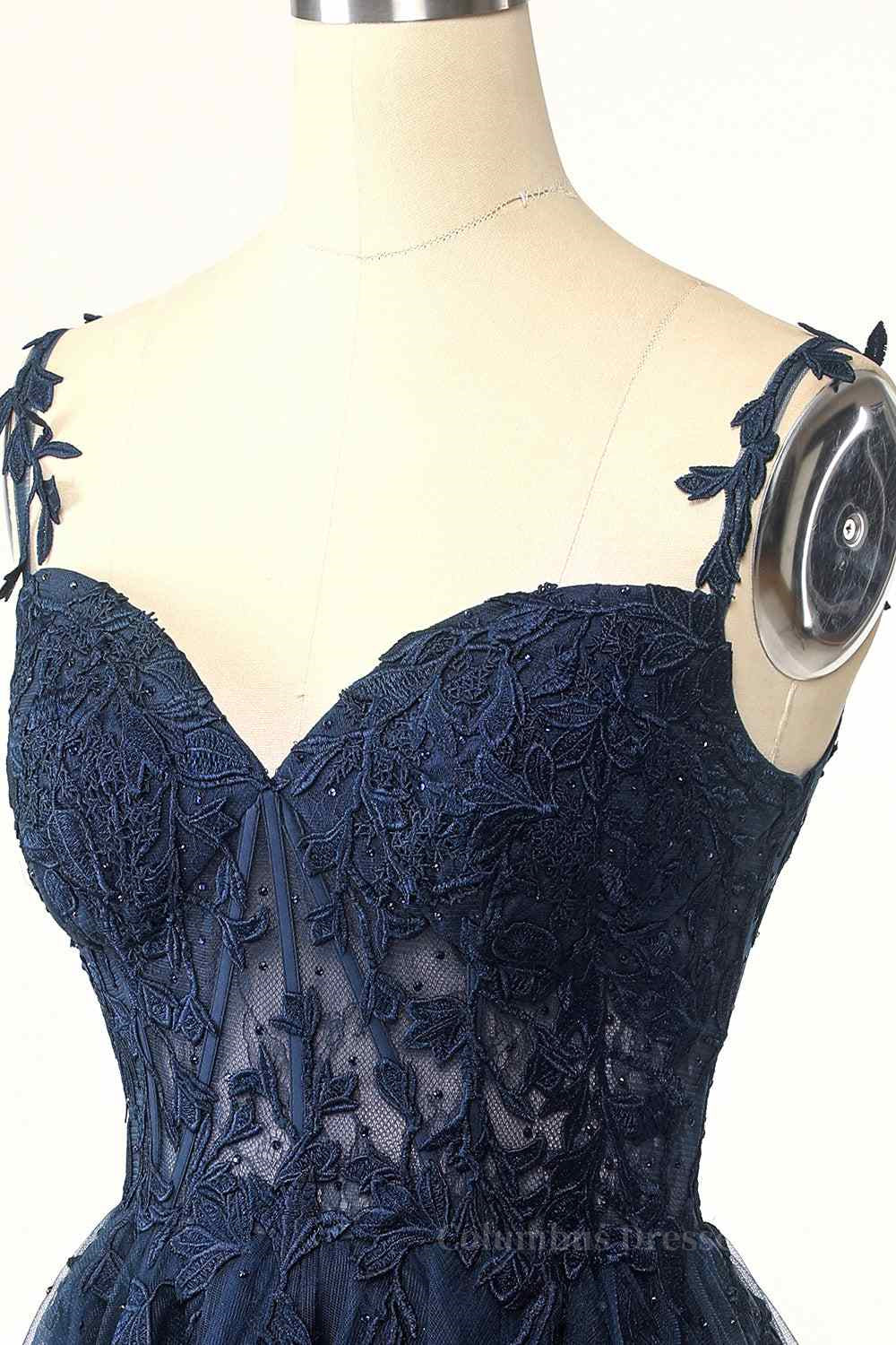 Party Dresses Outfits Ideas, Dark Navy A-line Flower Straps Appliques Tulle Homecoming Dress