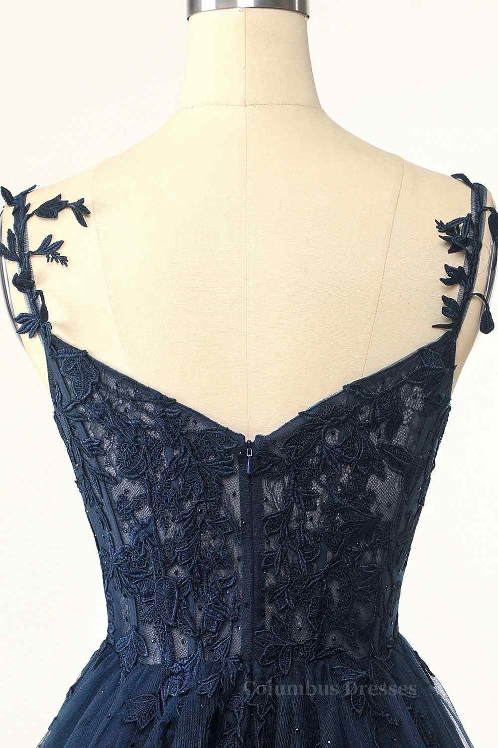 Party Dresses Outfit Ideas, Dark Navy A-line Flower Straps Appliques Tulle Homecoming Dress