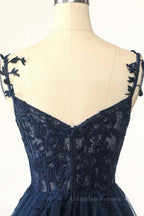 Party Dresses Outfit Ideas, Dark Navy A-line Flower Straps Appliques Tulle Homecoming Dress