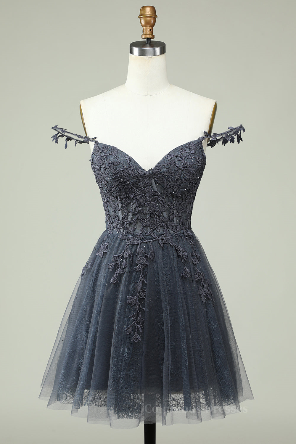 Party Dress Outfits Ideas, Dark Navy A-line Flower Straps Appliques Tulle Homecoming Dress