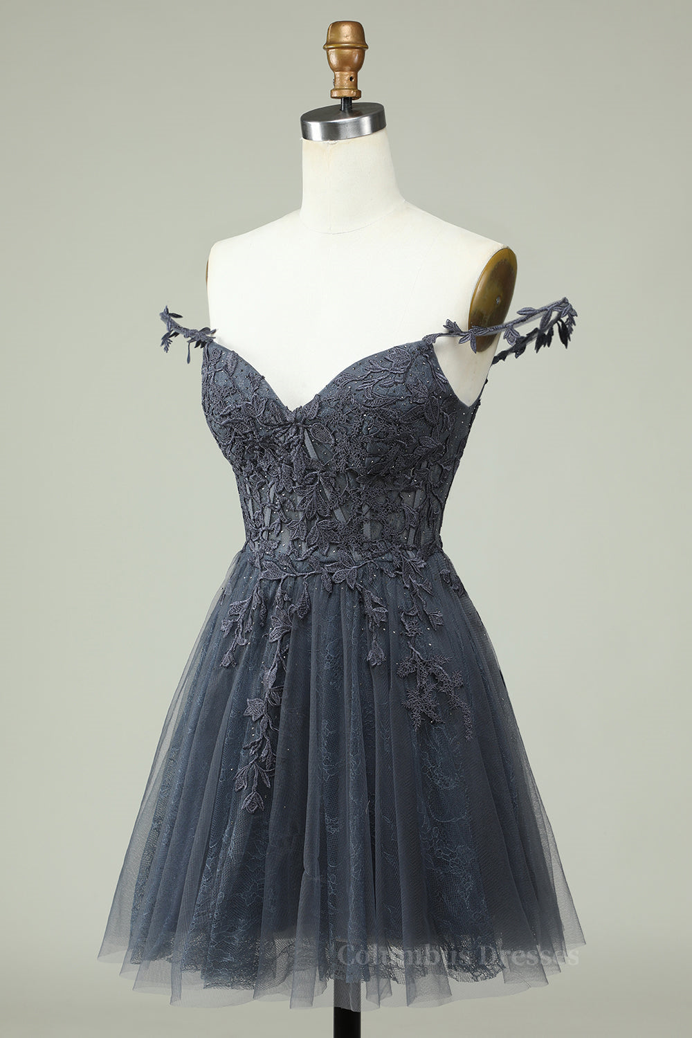 Party Dress Party, Dark Navy A-line Flower Straps Appliques Tulle Homecoming Dress