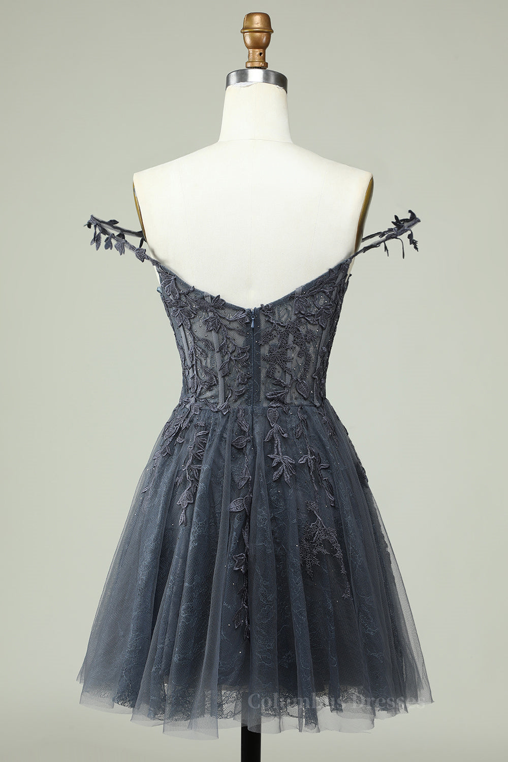 Party Dresses Casual, Dark Navy A-line Flower Straps Appliques Tulle Homecoming Dress