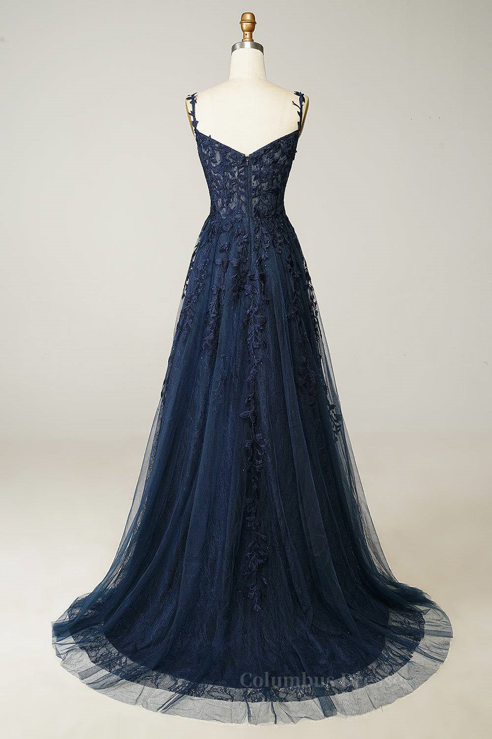 Bridesmaids Dresses Online, Dark Navy A-line V Neck Tulle Applique Boning Long Prom Dress Main image