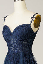 Bridesmaid Dress Shops Near Me, Dark Navy A-line V Neck Tulle Applique Boning Long Prom Dress