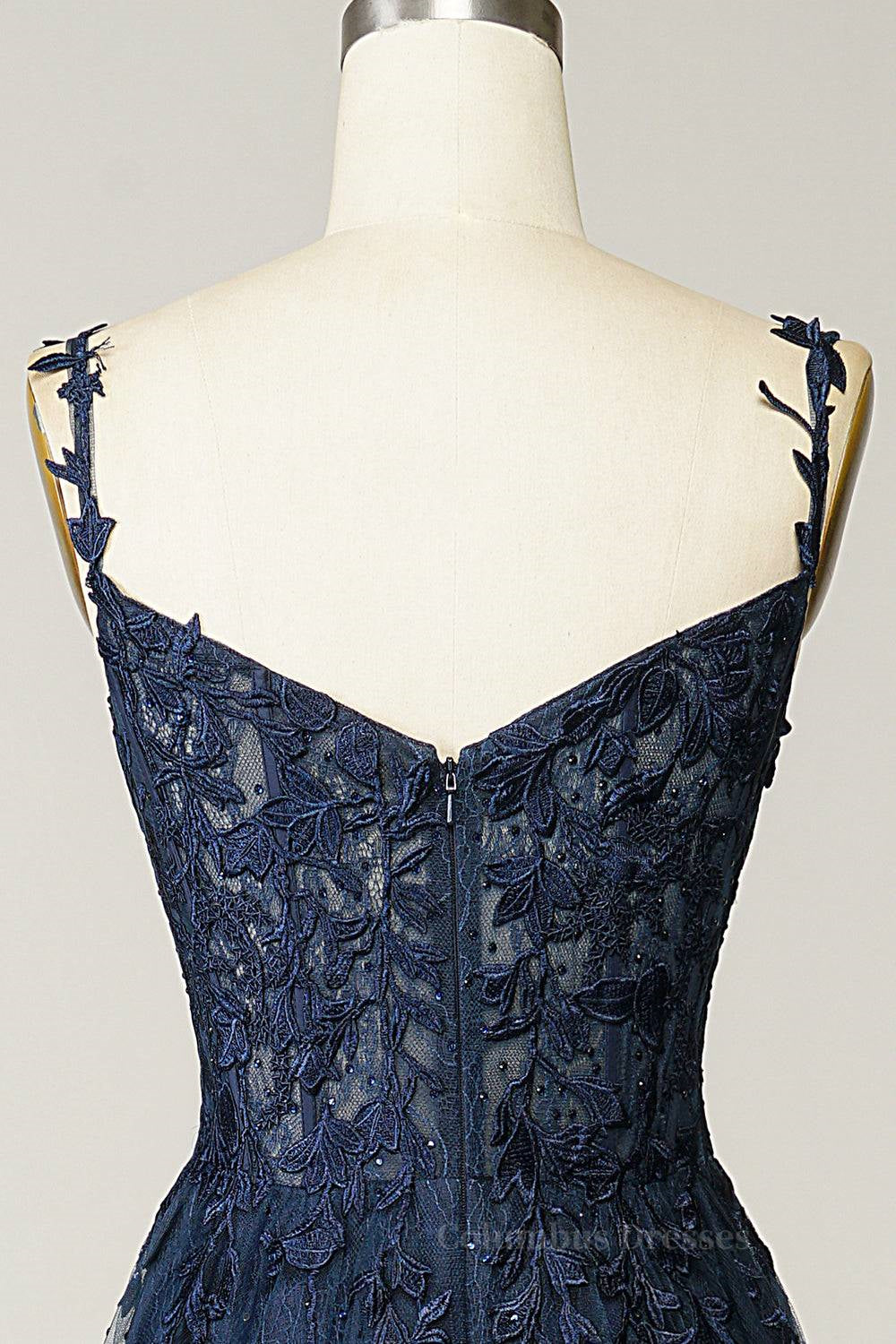 Bridesmaid Dresses Quick Shipping, Dark Navy A-line V Neck Tulle Applique Boning Long Prom Dress