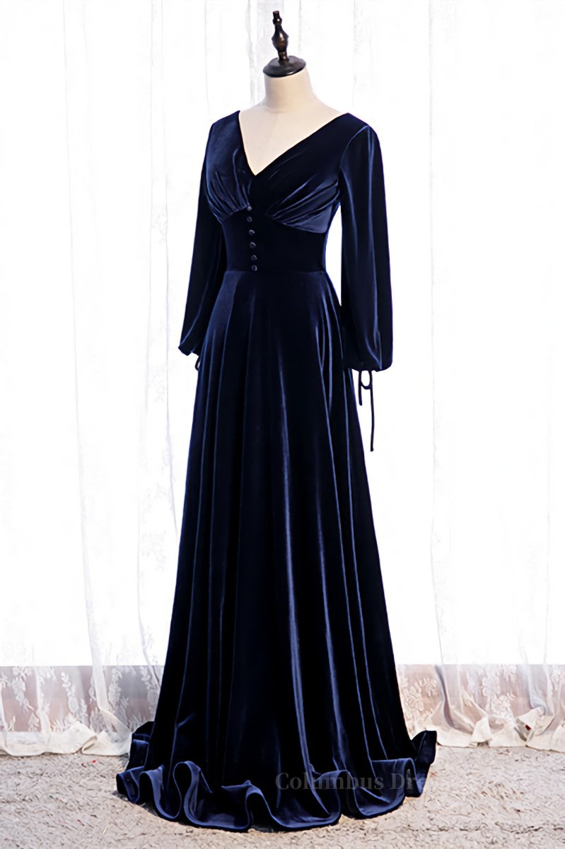 Dark Regency V Neck Long Sleeves Bow Tie Detail Velvet Long Formal Dress Secondary image