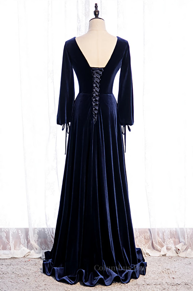 Satin Prom Dress, Dark Regency V Neck Long Sleeves Bow Tie Detail Velvet Long Formal Dress Main image