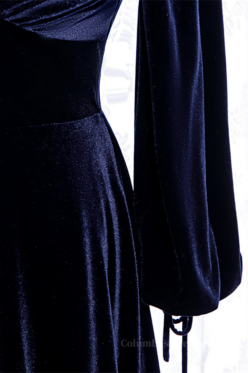 Dress To Wear To A Wedding, Dark Regency V Neck Long Sleeves Bow Tie Detail Velvet Long Formal Dress
